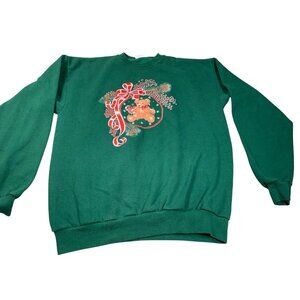 Vintage Christmas Sweatshirt Men Large Green Teddy Bear Ornament Santee USA Made